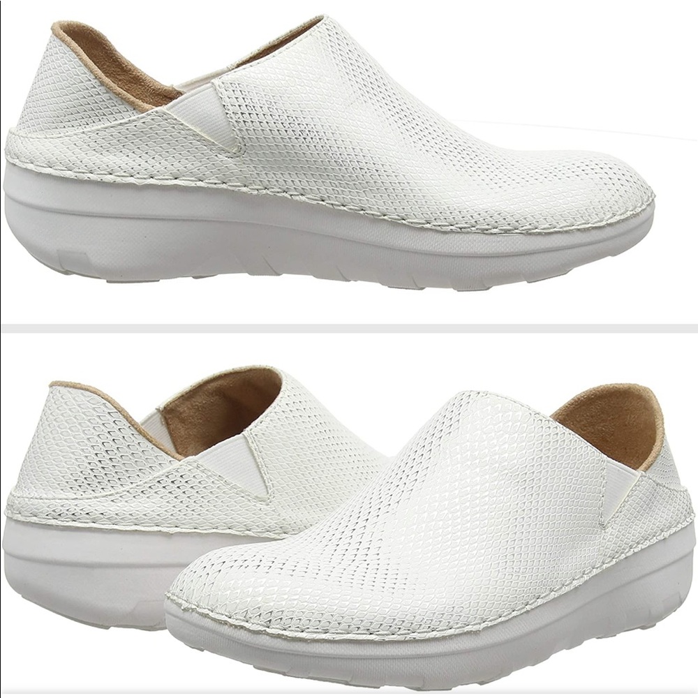 FitFlop Micro WobbleBoard Super Loafers. Shimmery Snake Faux Leather. White.